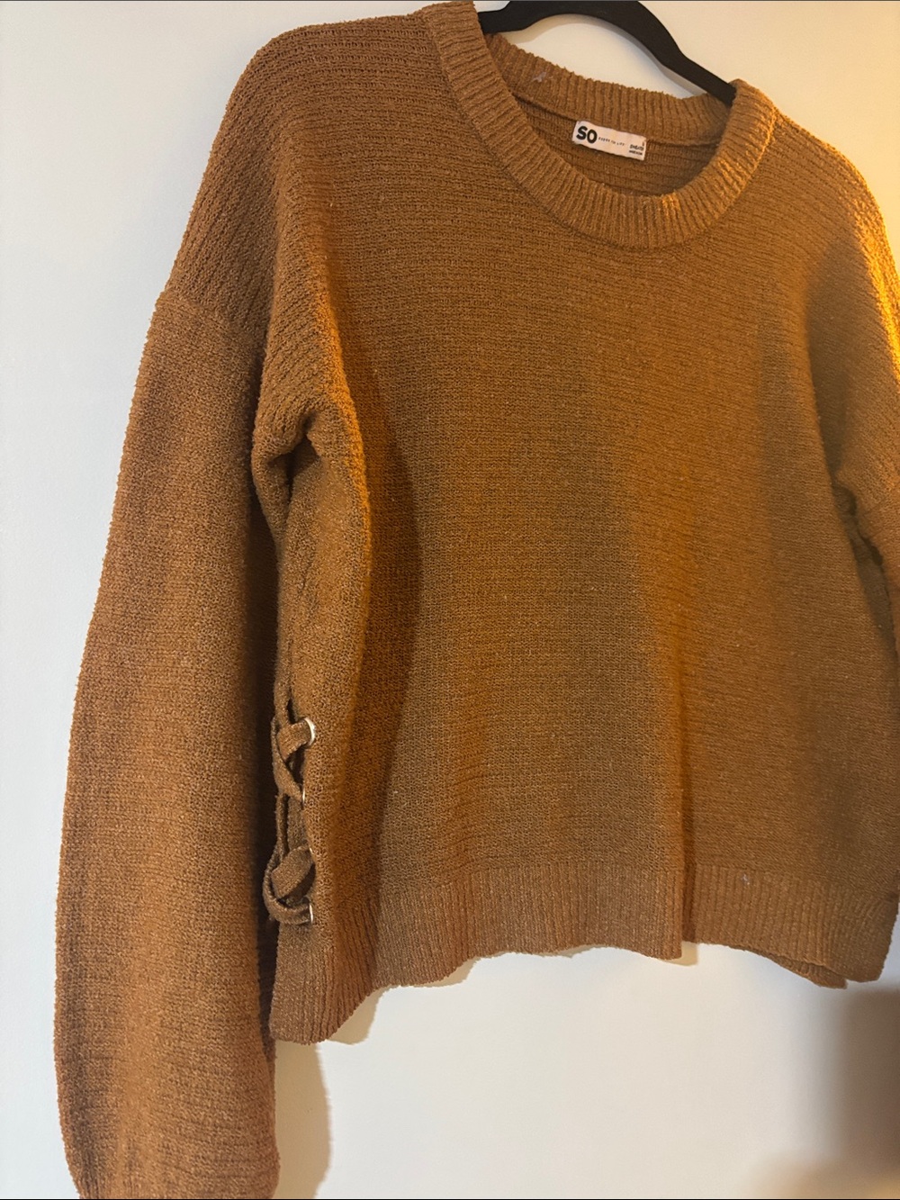 SO Lace-Up Side Crewneck Sweater in Rusty Brown